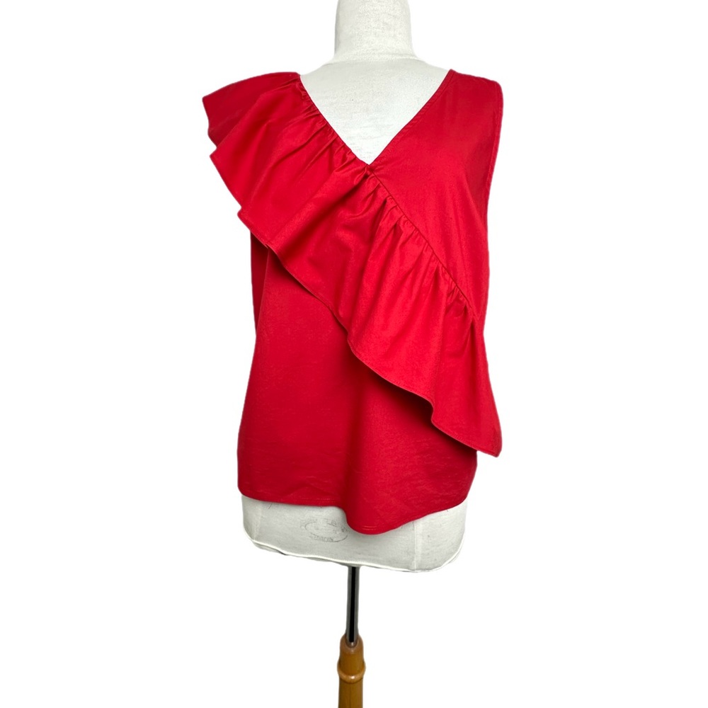 INC RED ASYMMETRICAL RUFFLE SLEEVELESS TOP SZ L